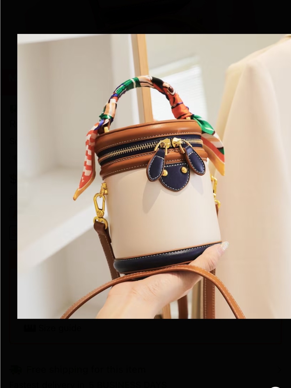 Stylish Cream & Tan Cylinder Crossbody Bag with Navy Trim